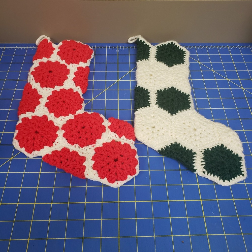 Lot Of 2 Vintage 13" Crochet Granny Square Christmas Stocking White Red Green